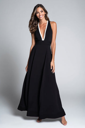 Robe longue formelle longue trapèze noire à col en V